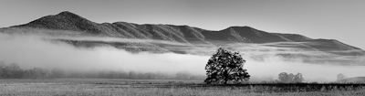 Cloudy view of the Smoky Mountains in black and white.